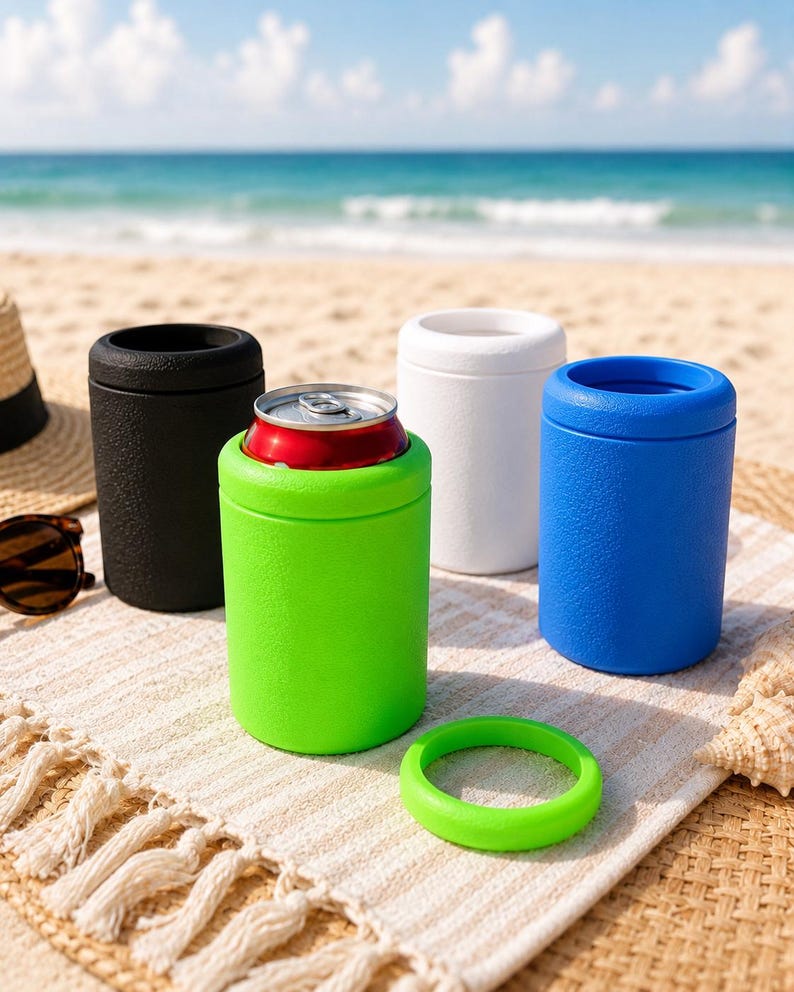 Puede incluir: Un conjunto de cuatro enfriadores de latas cil&iacute;ndricos en negro, blanco, azul y verde lima. Un enfriador verde lima contiene una lata de metal, y un anillo circular a juego de color verde lima se encuentra separado en la superficie.