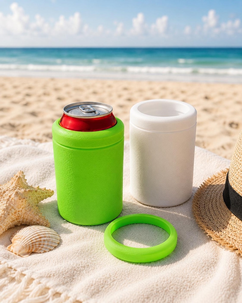 Puede incluir: Un enfriador de latas aislante de color verde lima brillante que contiene una lata de bebida de aluminio roja, un enfriador de latas aislante blanco liso y un anillo de silicona circular verde lima separado sobre una tela blanca.