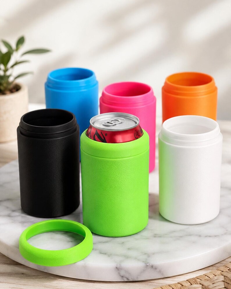 Puede incluir: Un conjunto de seis enfriadores de latas cil&iacute;ndricos en negro, azul, rosa, naranja, blanco y verde lima. Un enfriador verde lima contiene una lata de refresco de metal y un anillo de goma verde lima a juego se encuentra separado en primer plano.