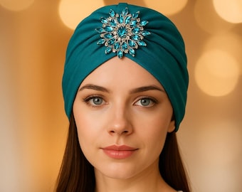 Turbante verde azulado con broche de cristal extraíble, elegante pañuelo para la cabeza