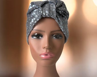 Turbante de lentejuelas: sombrero plateado oscuro brillante