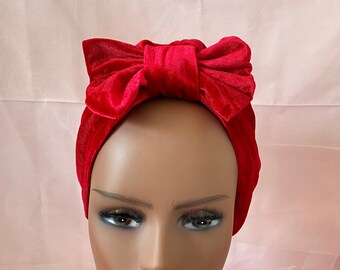 Red Bow Turban Headwrap: Removable Bow, Alopecia Hat