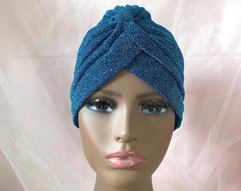 Turban bleu scintillant, Hijabi fantaisie, Turban bleu pour dames, Turban extensible, Hijabi couvre-chef, Turban fantaisie, Foulard à tête complète