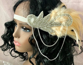 The Great Gatsby 20's Headpiece, Ivory Feather with Rhinestone Flapper Headband 1920's, Fascinator, Bridal Headband, Crystal Ribbon Headband