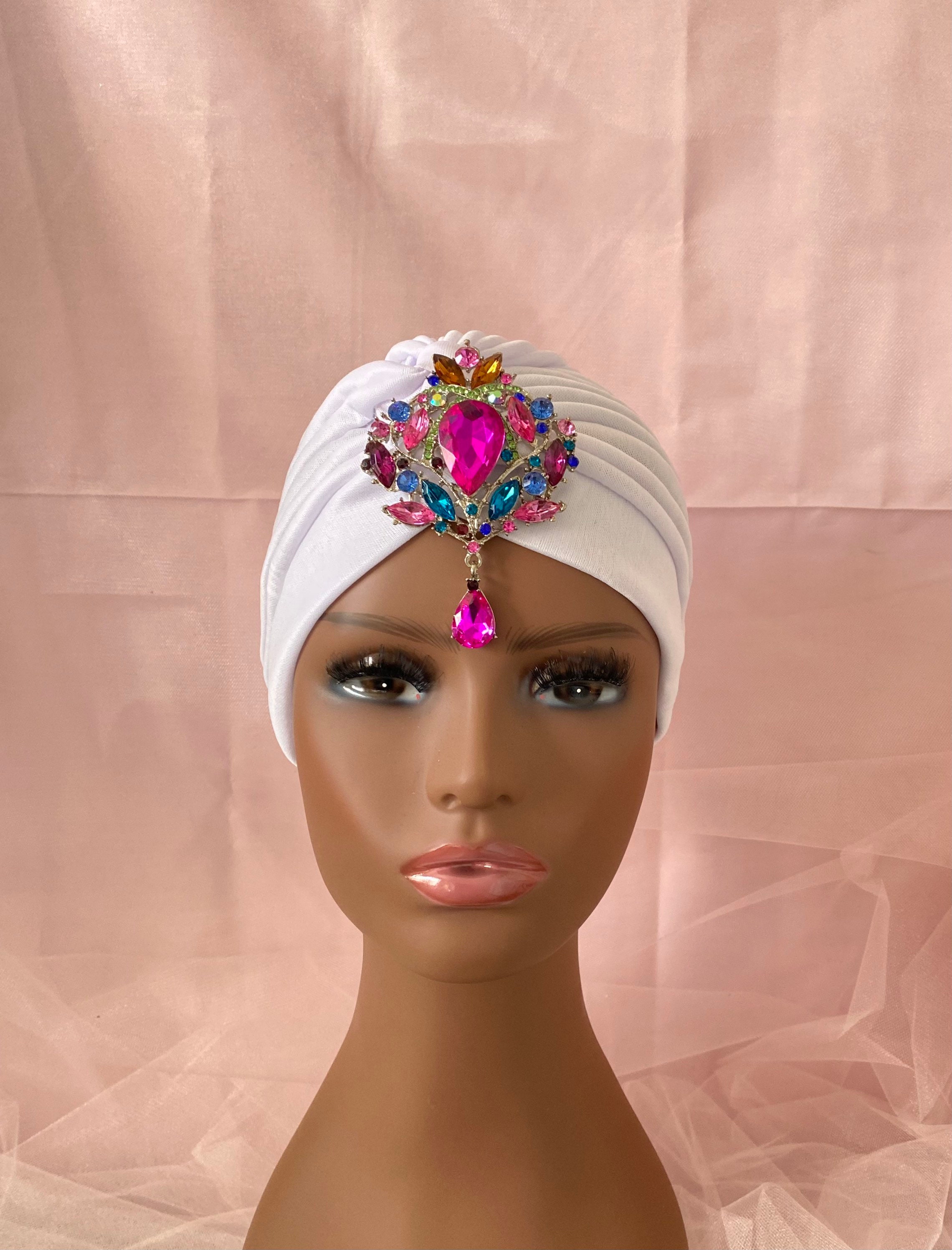 White Turban Headband with Gold Sunburst Brooch Easy headwrap - Satin lined hair bonnet - Black sunburst  main image 2