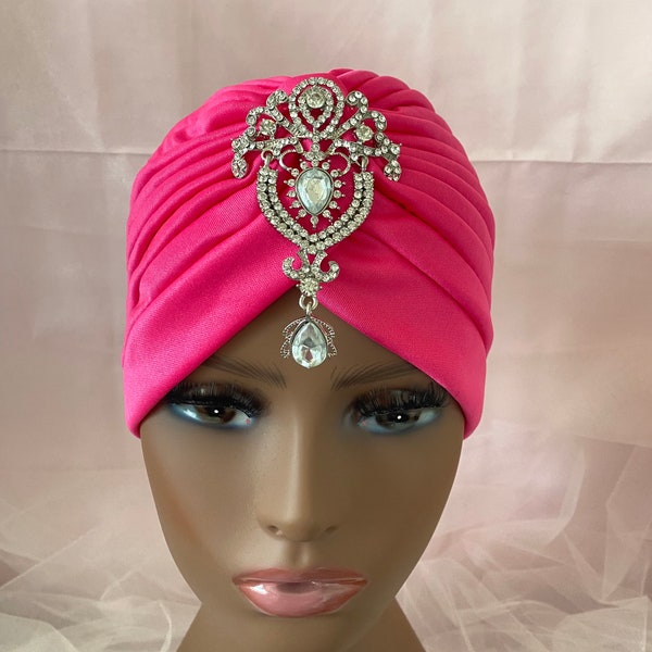 Turban rose avec broche, Turban Front Twist, Casquette Hairloss, Chapeau Cancer, Écharpe Cancer Hairloss, Turban de plage, Turban de luxe, Chapeau