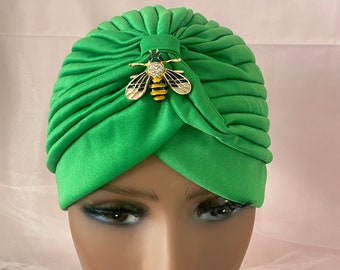 Green Turban, Turban Headband with Bee Brooch, Front Twist Headband, Hair Snood, Hair Chemo Hairloss Hat, Hairloss Turban, Bumble Bee Brooch