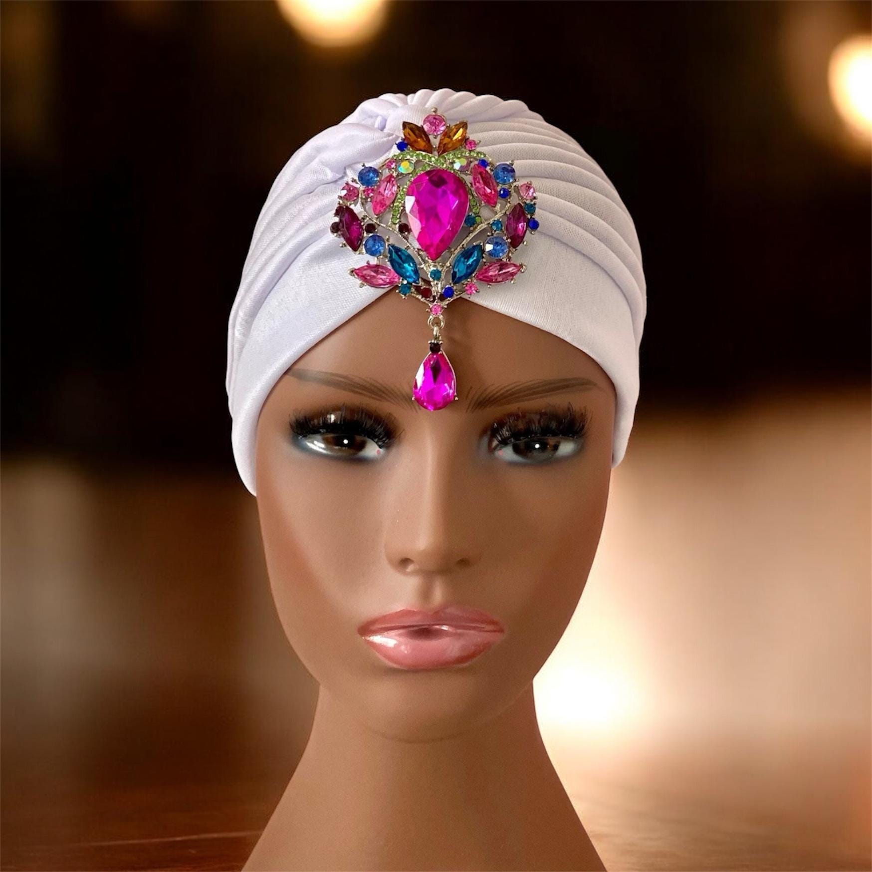 White Turban Headband With Colorful Brooch, Statement Head  display picture 3