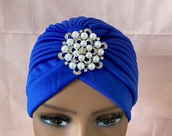 Royal Blue Turban, Turban with Pearl Brooch, Luxury Turban, Modern Hijab, Turban For Woman, Fashion Show Hat, Theater Hat Night Out