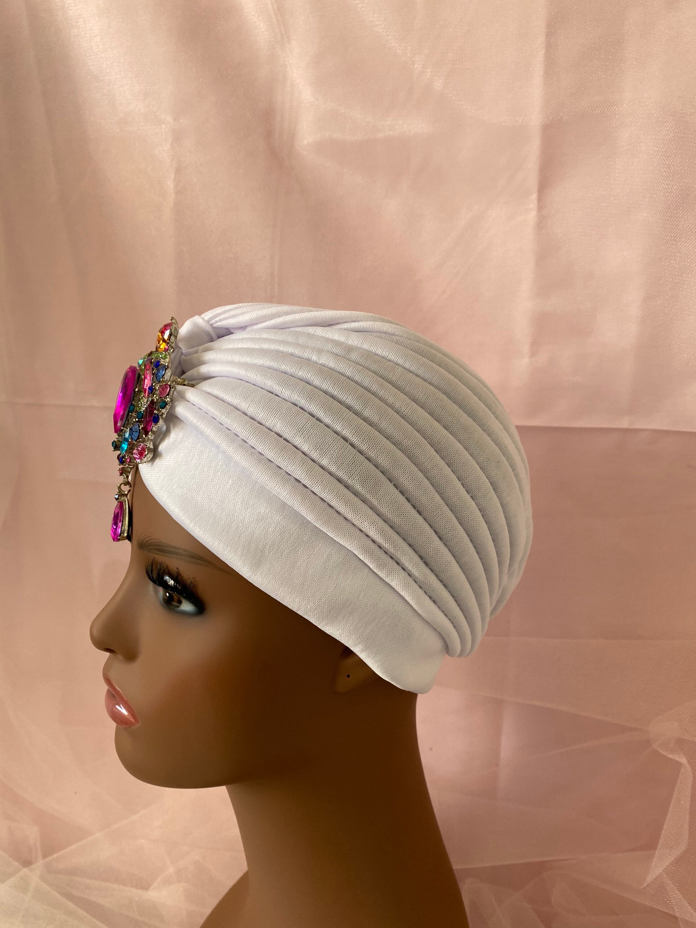 White Turban Headband With Colorful Brooch, Statement Head  display picture 1