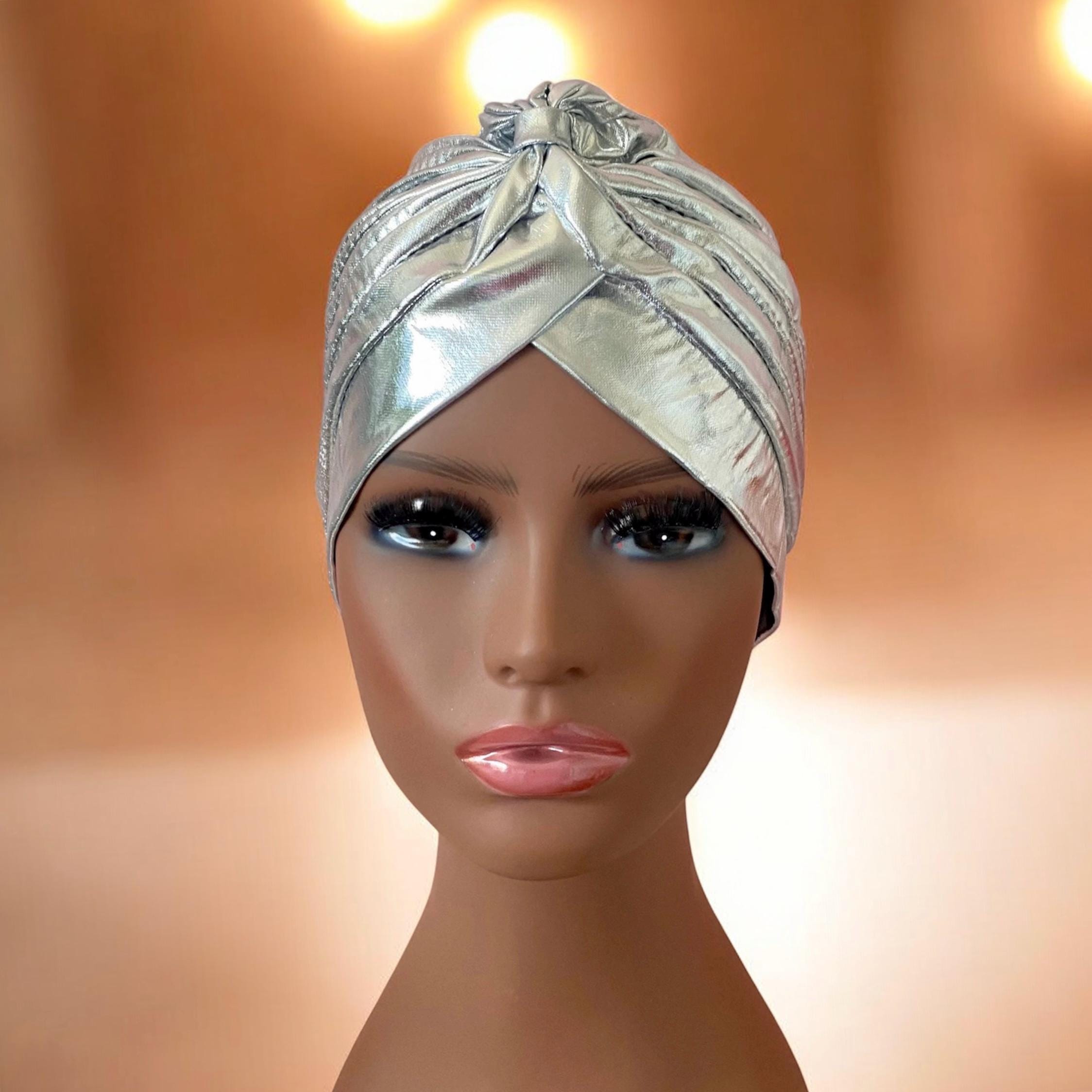 Silver Turban Headband, Metallic Shiny Full Head Wrap