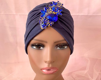Classy Turban, Navy Blue, Crystallized Turban, Brooch Turban Attached, Dubai Hat, Dubai Turban, Indian Wrap, Hijab, Turban for Woman