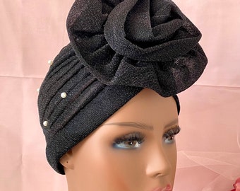 Sparkly turban with pearl and flower, Black Hijab, Fancy Turban, Stretch Turban, Headwrap Hijab, Fullhead Scarf, Hijabi Hat, Modern Hijab's