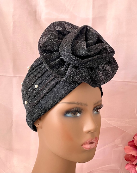 Elegant Black Pearl-Accent Turban Headwrap Amazon.com: Woeoe Pearl Flower African Hats Pre-Tied Turbans  main image 2