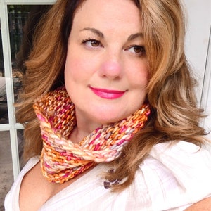 Marmalade Cowl Scarf Bright Summer Fruit Colors Orange Lemon Yellow Strawberry Pink Luxe Merino Yarn Soft Warm Audrey Knitted