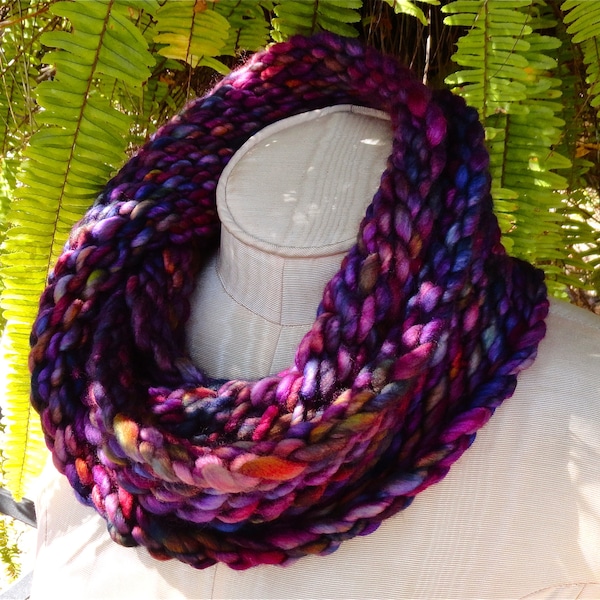 Violine and Aubergine Infinity Scarf Double Loop Cowl Violet Purple Rose Pink Teal Blue Jewel Tones Autumn Fall Colors Chunky Knit Merino