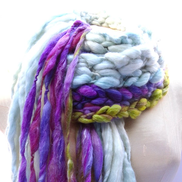 Spring Thaw Long Fringed Scarf Luxe Boho Ice Blue Violet Purple Chartreuse Green Hand Crocheted Luxe Silk Wool Easter Mothers Day Gift