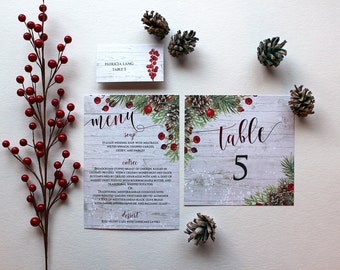 Winter berry, pine cone, Christmas greens & snow Wedding Reception Suite, Table Numbers, Place Cards and Menus: DCo Lovenotes