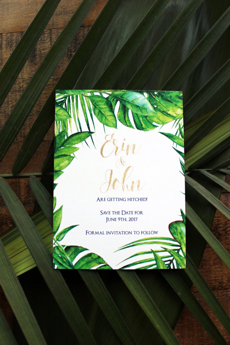 Tropical Leaves Destination Wedding Save the Date DCo Lovenotes
