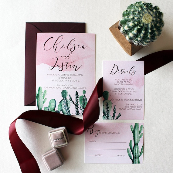 Destination Wedding Invitation,Desert Wedding Watercolor Nevada Wedding Invitation Cactus Flowers,Printed Invitation,Wedding Set,Envelopes