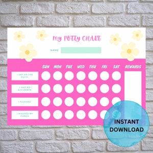May include: A pink and white printable potty training chart with a floral design. The chart has a space for a name, days of the week, and a rewards section. The chart has four sections for tracking potty training progress: I sat on the potty, I had no accidents, I flushed, and I washed my hands.