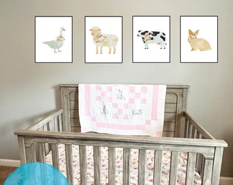 Floral Farm Nursery Prints Wall Art, Farm Animal Nursery Decor, Baby Girl Nursery, Floral, Nursery Wall Art, Downloads, set of 4 prints