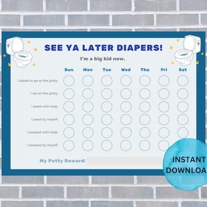 May include: A blue and white printable potty training chart with the text "See Ya Later Diapers! I'm a big kid now."  The chart has a column for each day of the week and rows for different potty training milestones, such as "I asked to go to the potty" and "I peed by myself".  There are circles next to each milestone for the child to color in as they achieve them.  The chart also includes a space for a "Potty Reward".