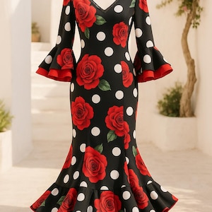 Flamenco Dress XL – Traje de Flamenca from Spain – Polka Dot & Rose – New – Size 42 / UK 14