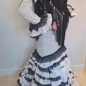White Flamenco Dress – Handmade Perforated Fabric with Black Lace – Unique Spanish Traje de Flamenca – Size S