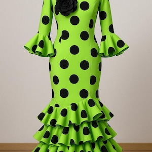 Green Flamenco Dress L – Traje de Flamenca from Spain – Polka Dot Ruffle Dress – Size 40 / UK 12