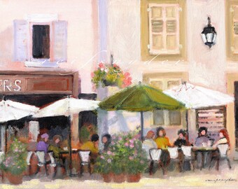 French Country cafe canvas print, figures, France, gold, green, pink, table umbrellas, village street, restaurant, people dining 30x40 36x48