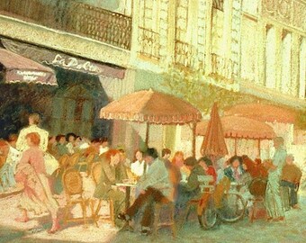 Custom Oil Painting Paris Cafe, French, figures, street scene, pink, green, red, bluegreen, yellow, restaurant, outdoors, table umbrellas