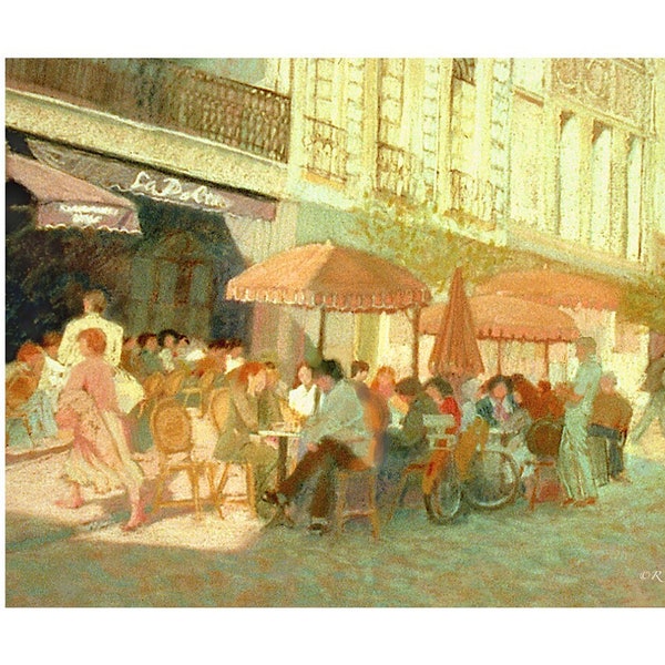 Paris Cafe ACEO mini print, French, city street scene, pink, gray, red, bluegreen, yellow, restaurant, outdoor cafe, people, figures, France