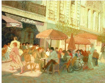 Paris Cafe ACEO mini print, French, city street scene, pink, gray, red, bluegreen, yellow, restaurant, outdoor cafe, people, figures, France