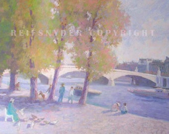 Paris greeting card Seine River, figures, people, barge, city view, blue, pink, yellow, green, lavender, art, trees, bridge, quay, boats