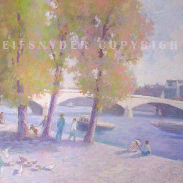 Seine River Paris ACEO print, figures, people, barge, city view, blue, pink, green, lavender, trees, bridge, quay, boats, birds, small print