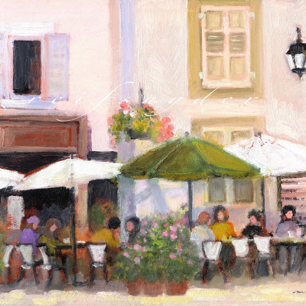 Country cafe greeting card, France, gold, green, cafe umbrellas, village, pink, outdoor cafe, people, restaurant, shops, street, town,