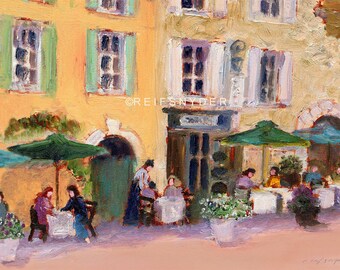 Street Cafe ACEO print, figures, art, France, gold, green, table umbrellas, pink, outdoor, people, restaurant, French, yellow, dining