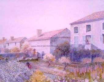 French Country Flower Garden print, gardener, lavender, pink, blue, purple, village house, figures, people gardening, France