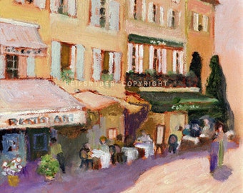 French cafe street paper print, figures art, France, yellow, green, lavender, pink, cafe umbrellas, village, country, impressionism european