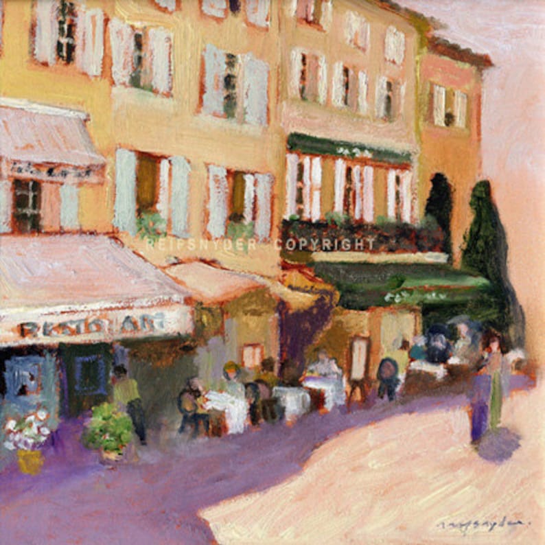 French cafe street paper print, figures art, France, yellow, green, lavender, pink, cafe umbrellas, village, country, impressionism european image 1