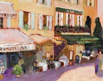 Cafe ACEO print, figures, art, France, gold, green, table umbrellas, street scene, pink, outdoor, people, restaurant, French, yellow, dining