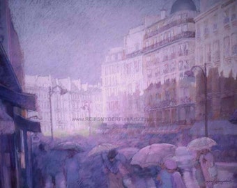 Paris cards Left Bank, rainy day, city street, figures, French, France, lavender, purple, pink, people umbrellas, rain shower, blank
