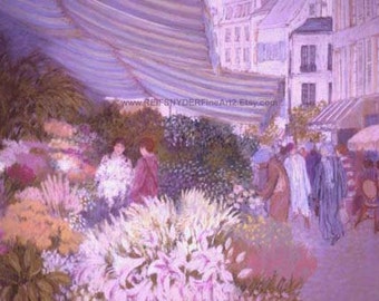 Paris flower market canvas print, figures, European, shop, cafe, street scene, French, lavender blue, pink, red, people, floral, 8x10, 18x24