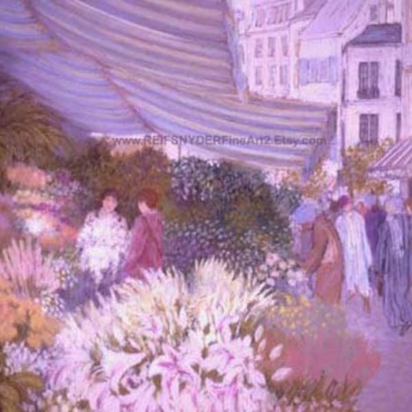 Paris flower market ACEO print, figures, European, shop, cafe, street scene, French, lavender blue, pink, red, people, floral, city