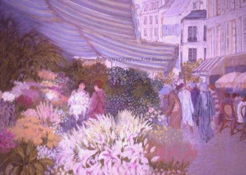 Paris print flower market, figures, European, shop, cafe, street scene, French, lavender blue pink, red, people, floral 8x10, 11x14, 12x18 image 1