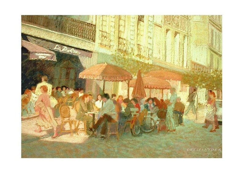 May include: A watercolour painting depicting a Parisian cafe scene. People are seated at tables under striped umbrellas, enjoying drinks and conversation. The cafe is located on a street with a building in the background. The painting is done in warm colours, with a focus on the people and their interactions.