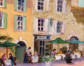 French canvas print cafe scene, France, yellow, green, lavender, cafe umbrellas, village, French country town, outdoor cafe, 12x12, 20x20