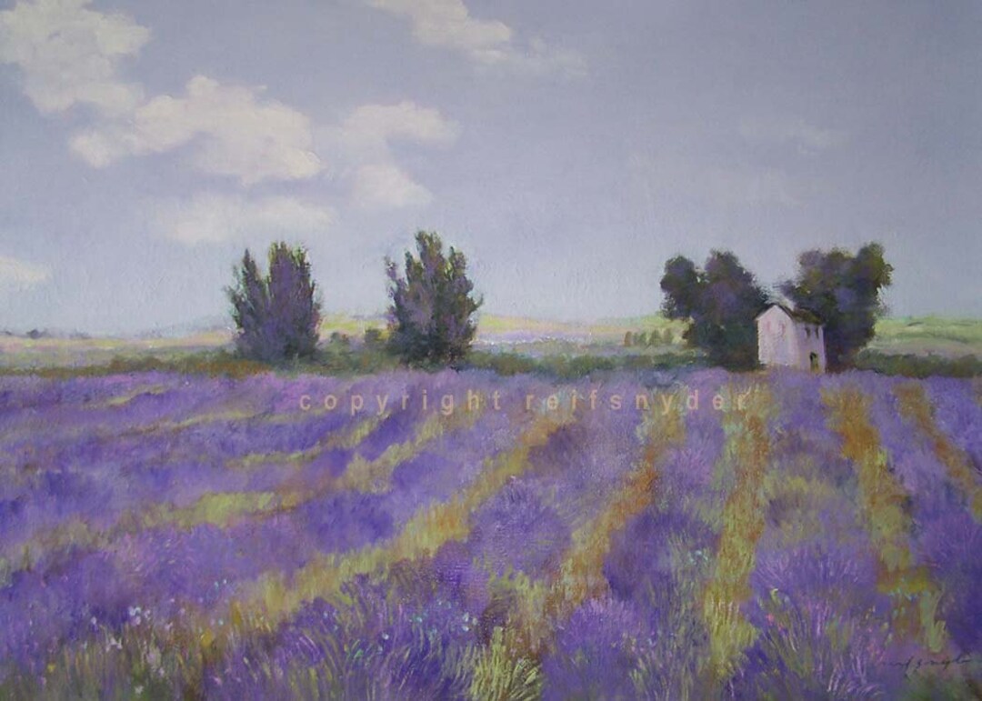 Lavender Fields Print French Country, Flowers in Landscape, House and ...