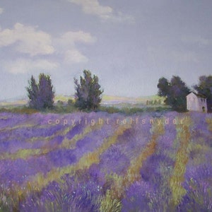 Lavender Fields ACEO print French country, flowers in landscape, house and garden, blue, art, mini, trees and fields, purple, floral